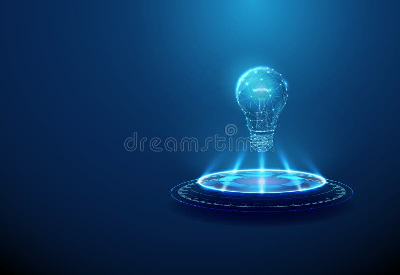 Light bulb on futuristic podium. Innovation, idea generation, smart technology, creative thinking concept. stock illustration
