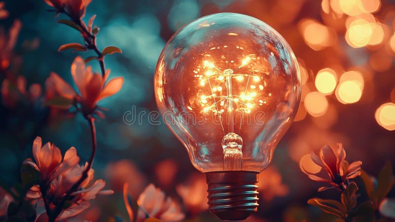 Light bulb glowing among flowers in a magical garden setting royalty free stock photos