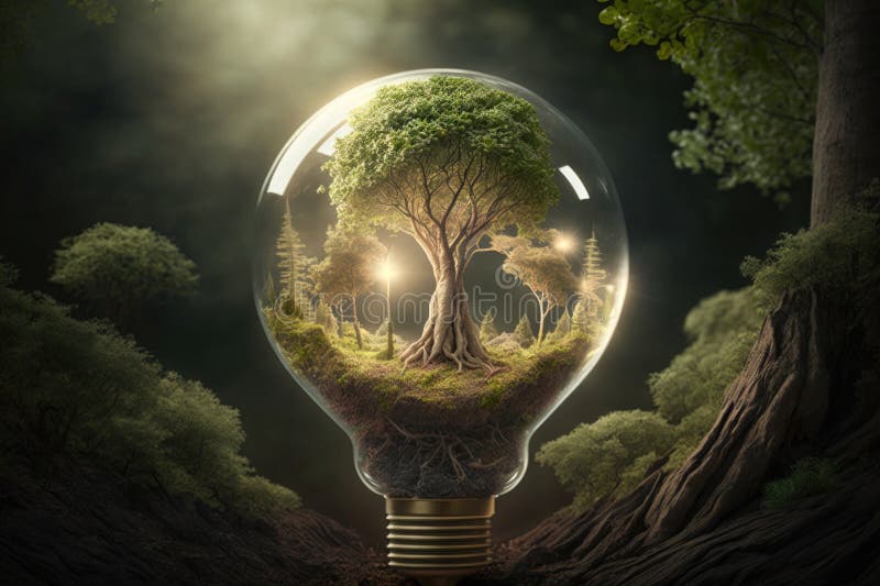 Light Bulb with Green Tree. Illustration AI Generative Stock Illustration Illustration of
