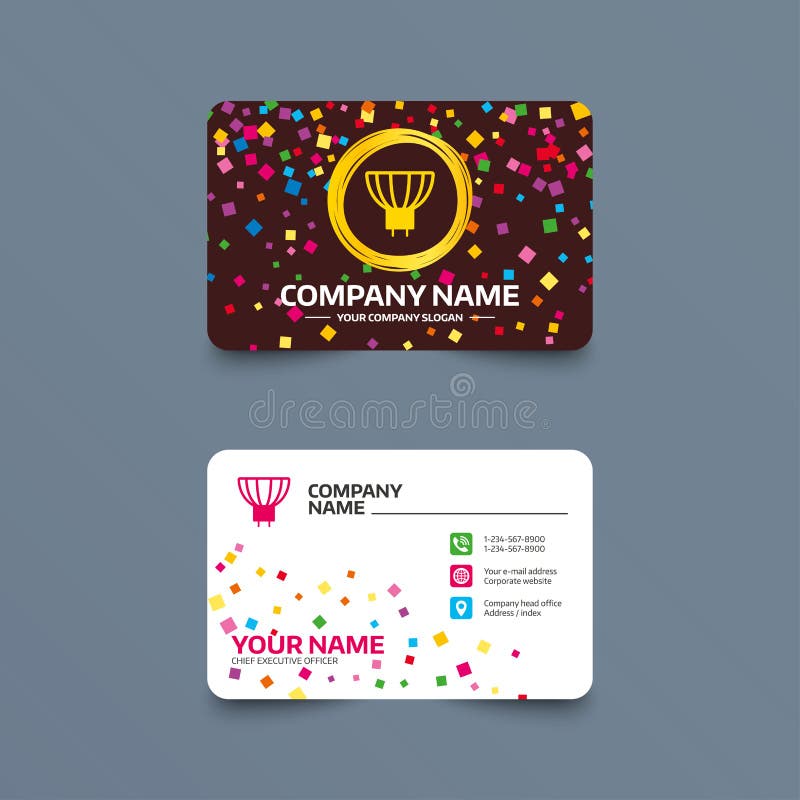 Business card template with confetti pieces. Light bulb icon. Lamp GU5.3 socket symbol. Led or halogen light sign. Phone, web and location icons. Visiting card Vector