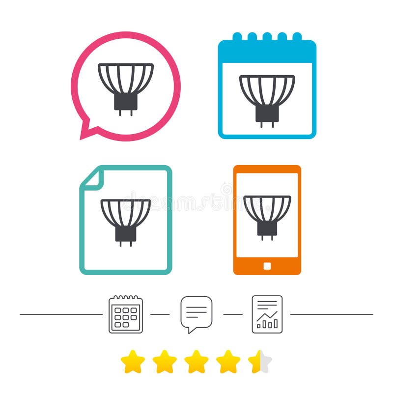 Light bulb icon. Lamp GU5.3 socket symbol. Led or halogen light sign. Calendar, chat speech bubble and report linear icons. Star vote ranking. Vector