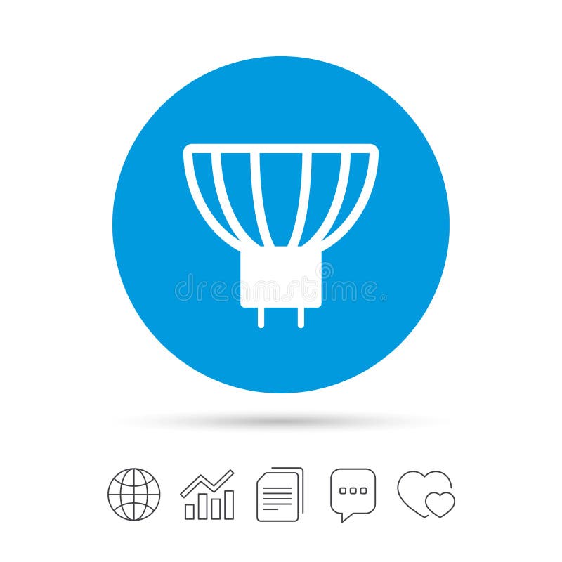 Light bulb icon. Lamp GU5.3 socket symbol. Led or halogen light sign. Copy files, chat speech bubble and chart web icons. Vector