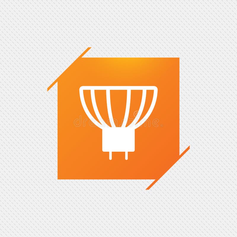Light bulb icon. Lamp GU5.3 socket symbol. Led or halogen light sign. Orange square label on pattern. Vector