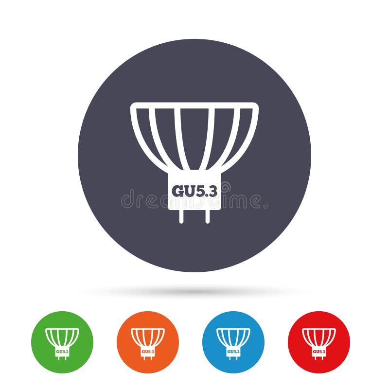 Light bulb icon. Lamp GU5.3 socket symbol. Led or halogen light sign. Round colourful buttons with flat icons. Vector
