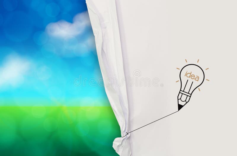 Light bulb idea drawing rope to open crumpled paper