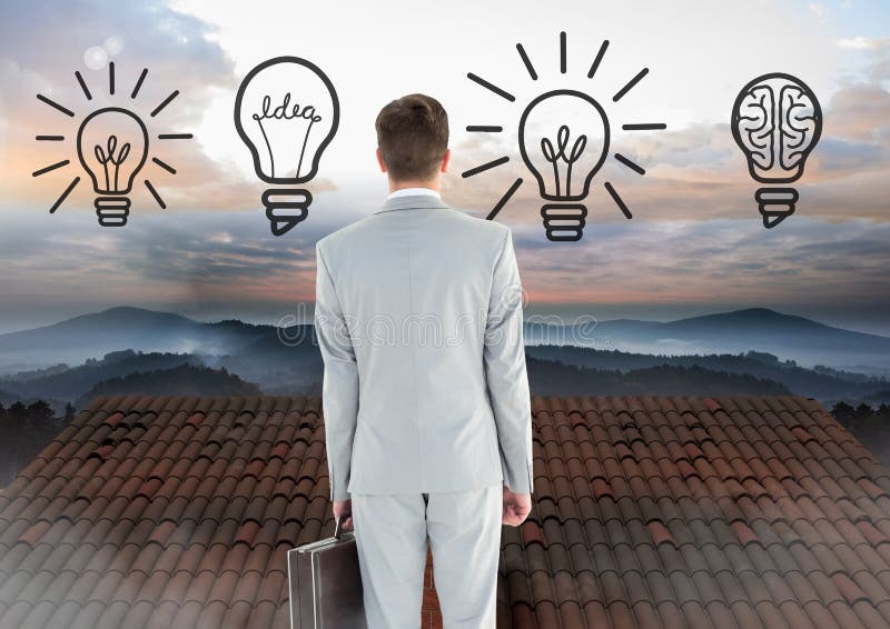 Light bulb idea icons and Businessman standing on Roof with chimney and misty landscape