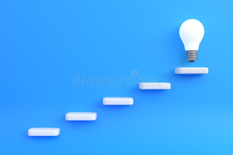 Light Bulb Illuminating the Highest Steps on a Blue Background Stock