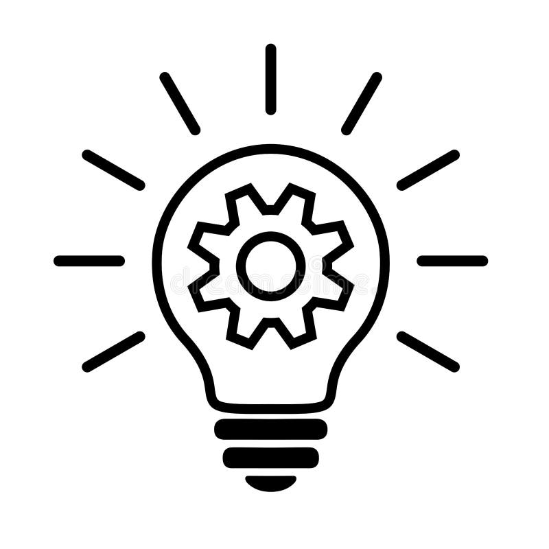 Light Bulb Linear Flat Icon. Lighting Electric Lamp With Cog Wheel Gear Inside And Rays, Simple Black Pictogram. Vector Graphic