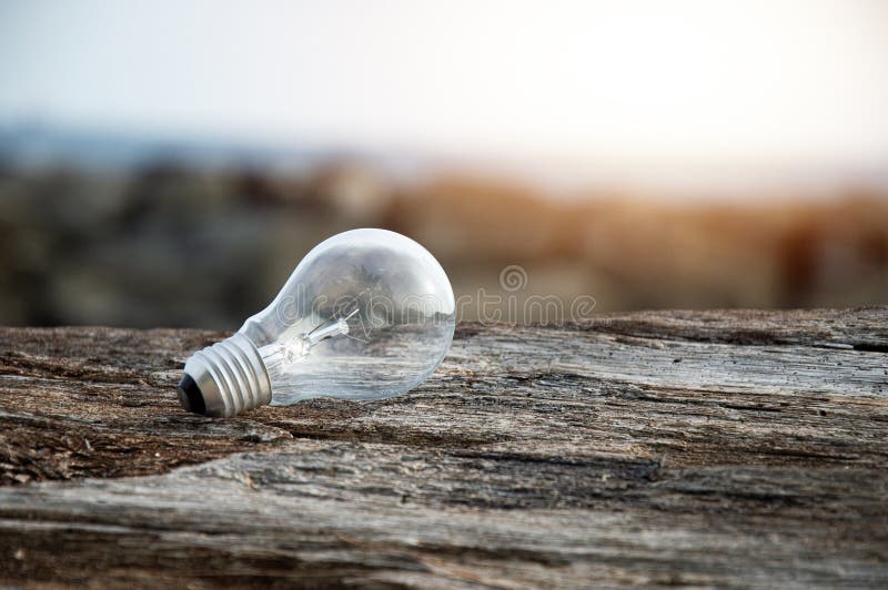 A light bulb is placed on a wooden board on the beach stock photos