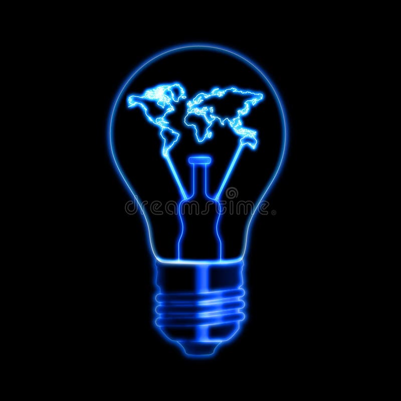Light Bulb Sign With World Map Over Black Background Stock ...