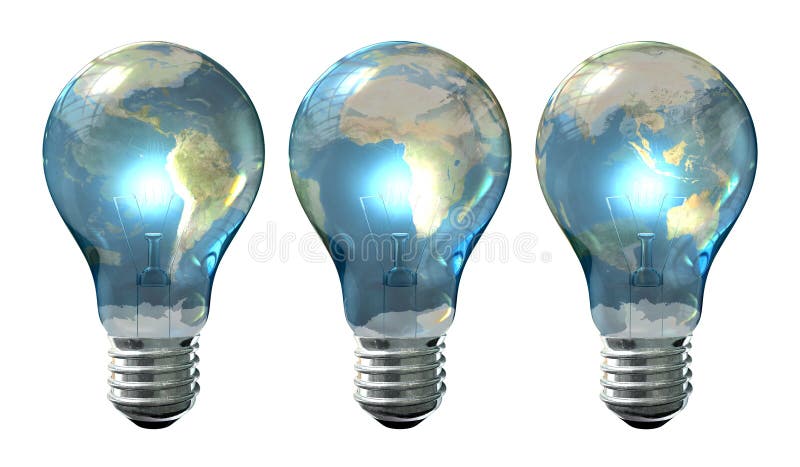 A series of three regular lit light bulbs with the glass wrapped in a different third of a world map on an isolated background. A series of three regular lit light bulbs with the glass wrapped in a different third of a world map on an isolated background