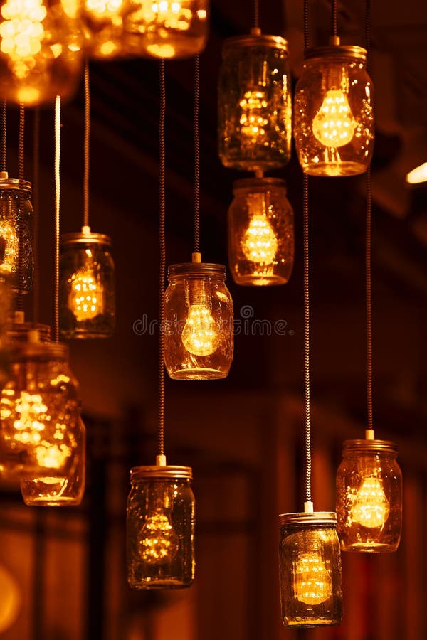 Light Bulbs in Glass Jars. Cozy, Warm Atmosphere Stock Photo Image of