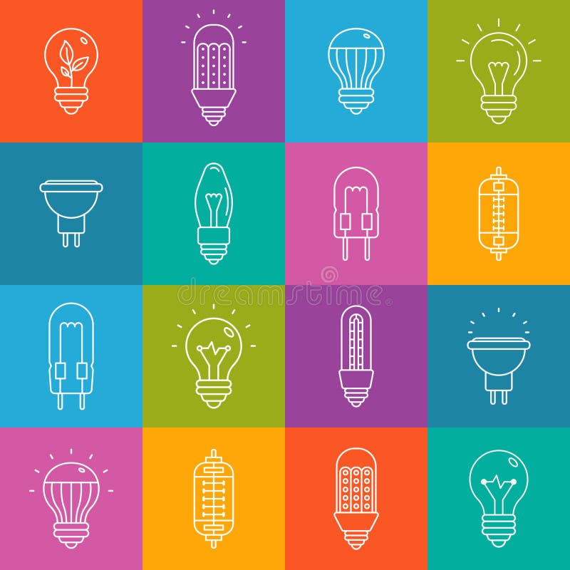 Light bulbs lineart minimal vector iconset on multicolor checkered texture