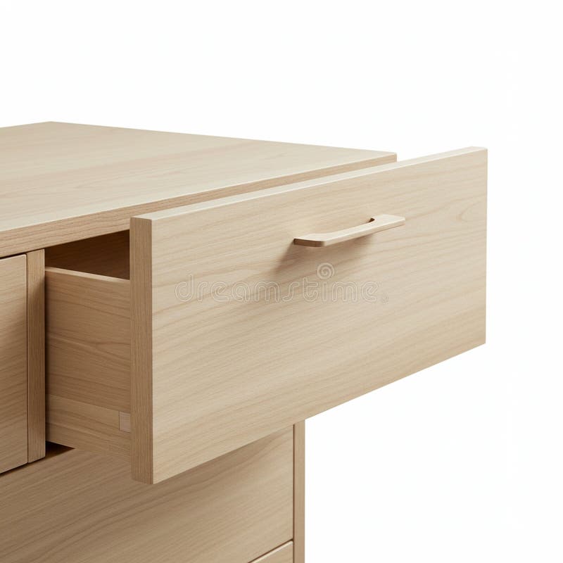 Light-colored wooden cabinet with a partially open drawer revealing a smooth interior. stock illustration