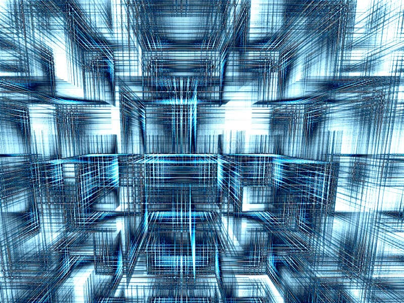 Cubes background - abstract digitally generated image. Light cubes background - abstract computer-generated image. Digital art: chaos lines and cubes like matrix structure. Sci-fi, hi-tech or virtual reality backdrop.
