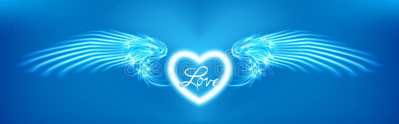 Light Cyan Heart and Angel Wings on Blue Background. Glowing Fantasy ...