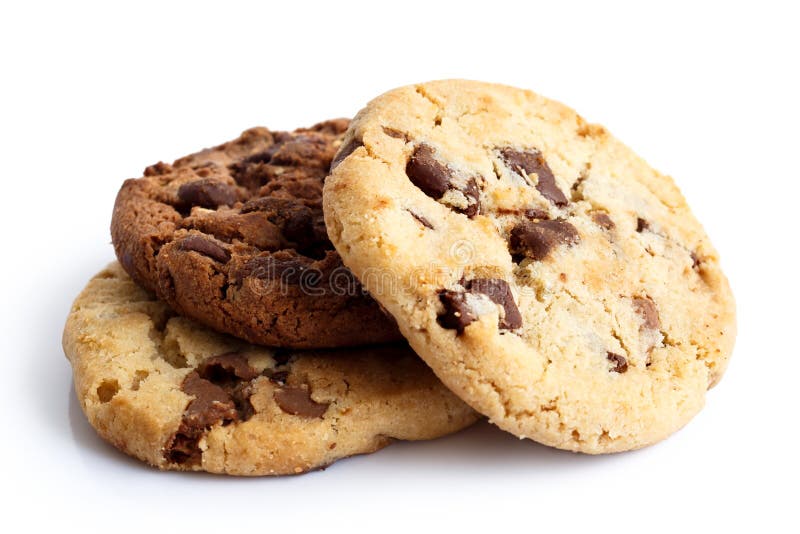 Light and dark chocolate chip cookies isolated on white.