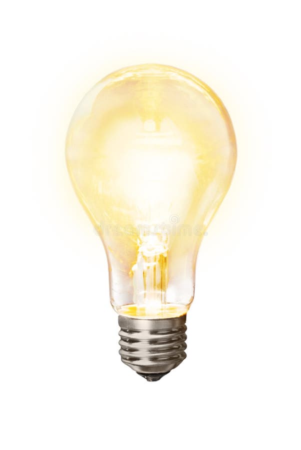 Glowing Yellow Light Bulb on White Stock Image Image of heat, bright