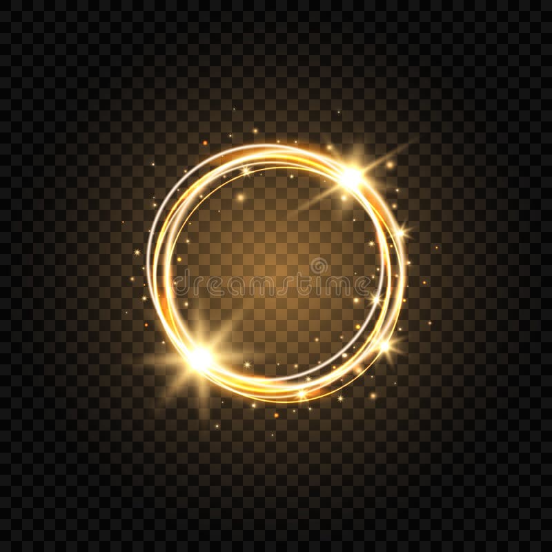 Light golden circle banner. Abstract light background. Glowing gold circle frame with sparkles and stars. Glowing magic