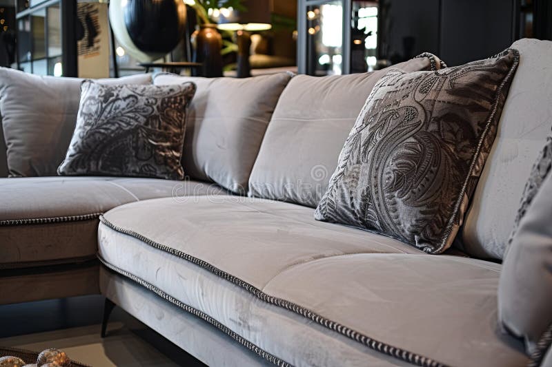 Modern Light Gray L Shape Sofa With Chaise Longue and Cushioned Armrests in Cozy Living Room Setting. The light gray L shape sofa features a chaise longue, offering ample seating for relaxation. Large, comfortable armrests are adorned with small cushions, enhancing its cozy appearance. The modern design is complemented by an inviting atmosphere in a stylish living room