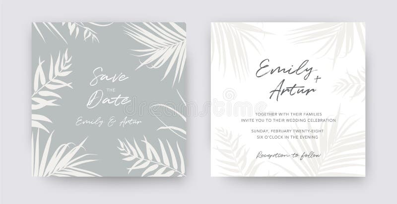 Light gray and white vector wedding invite, save the date card set. Hand drawn editable tropical palm leaves decorative border