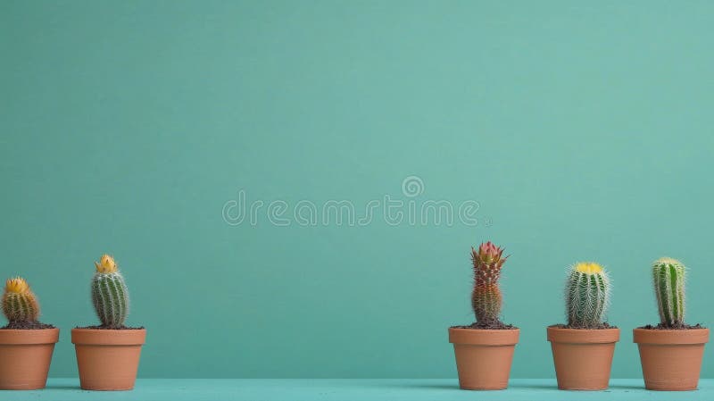 On a light green background, five tiny pots hold clay cacti in various bright hues stock image