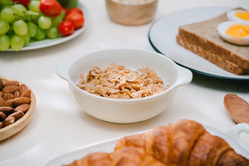 Light Healthy Breakfast with Oatmeal. Hercules, Nuts, Fruit, Boiled