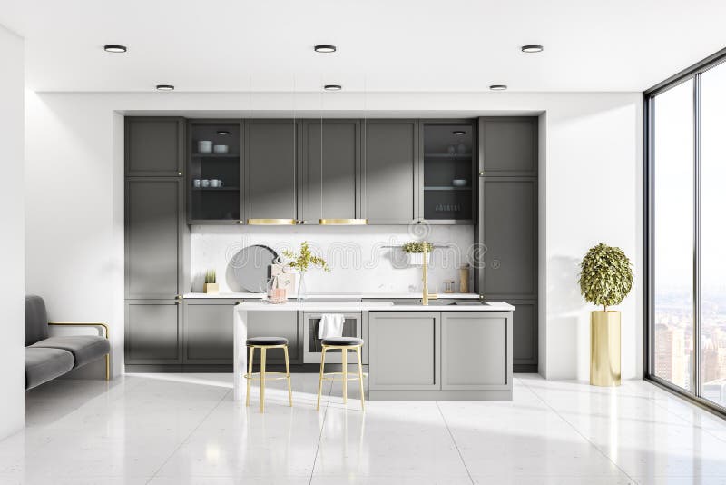 Light Kitchen Interior with Island, Appliances, Sunlight. Design