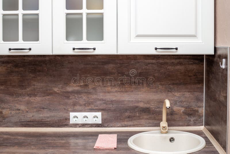 Light Kitchen Interior. Wooden Countertop with Sink and Hanging Stock Photo Image of