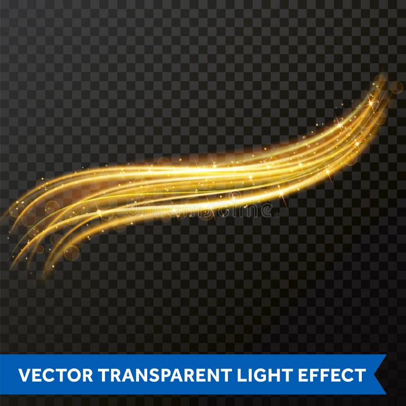 Light line gold swirl effect. Vector glitter light fire flare trace