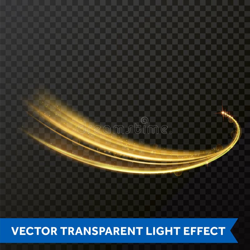 Light line gold swirl effect. Vector glitter light fire flare trace