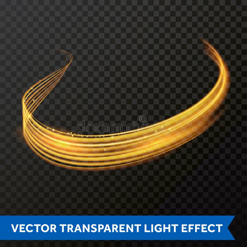 Light line gold swirl effect. Vector glitter light fire flare trace