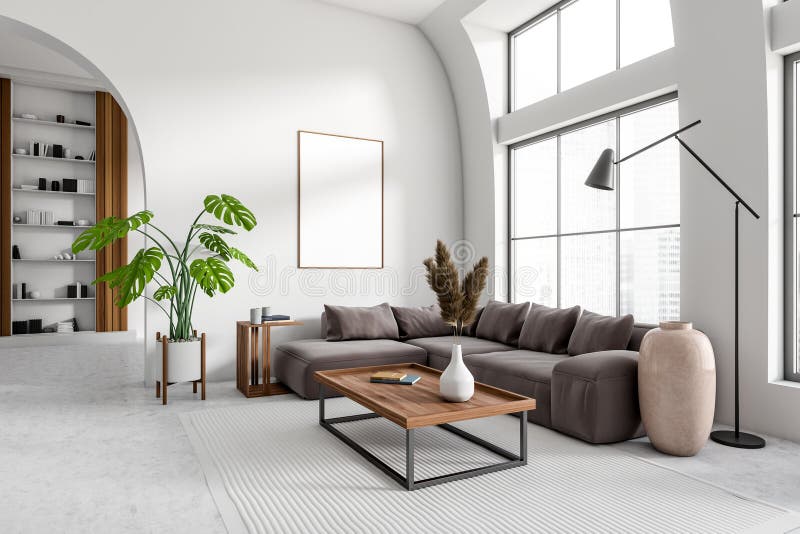 Light Living Room Interior with Couch, Shelf and Panoramic Window