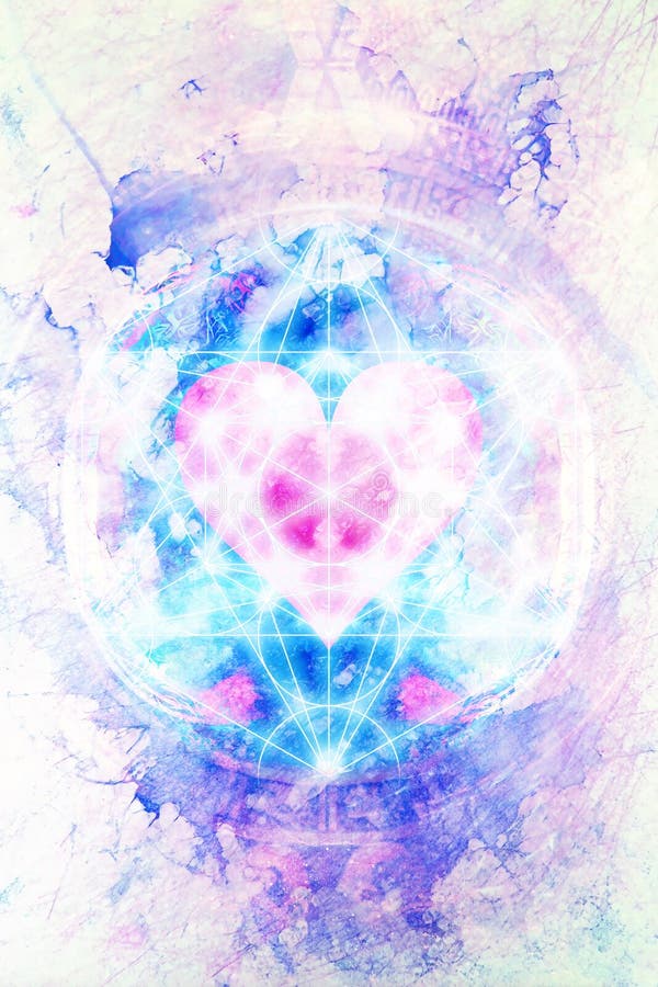 Light merkaba and heart on marble background. stock photography