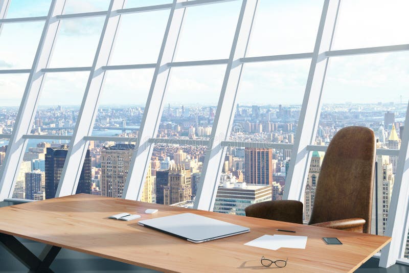 Light office with a table and chair and city view