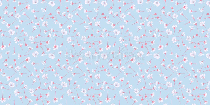 Light pattern with tiny flowers and small buds on a blue background. Abstract artistic wild floral seamless print. stock illustration