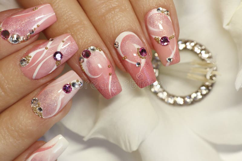 Light Pink Nail Design with White Lines, Rhinestones, Glitter. Stock Photo  - Image of manicure, design: 213766402