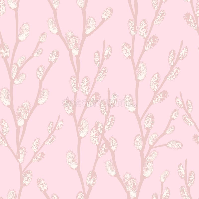 Light Pink Seamless Pattern of Twigs of Flowering Willow Stock Vector