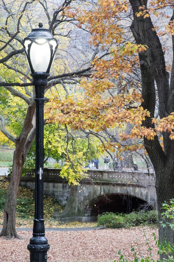 Light Pole in Central Park in the Fall with Bridge Stock Image Image