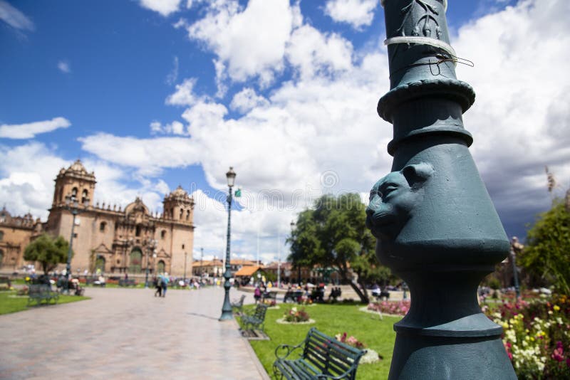 Light pole with a puma sculpture in Cusco Peru.