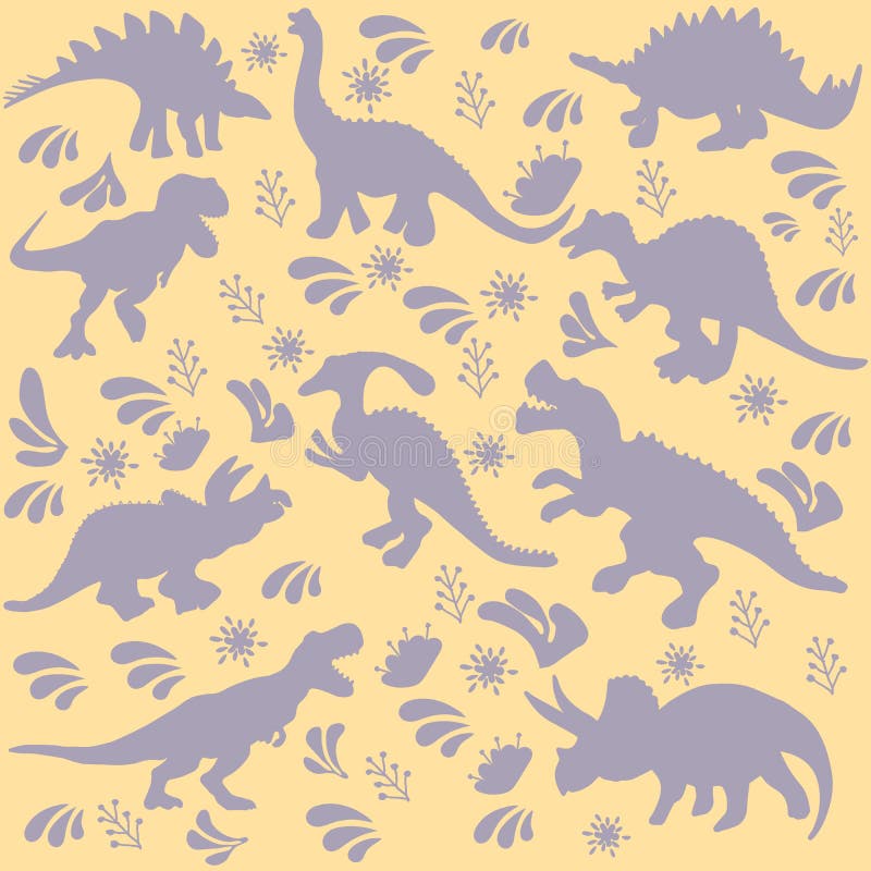 Light purple dinosaurs silhouette flat hand drawn background. 