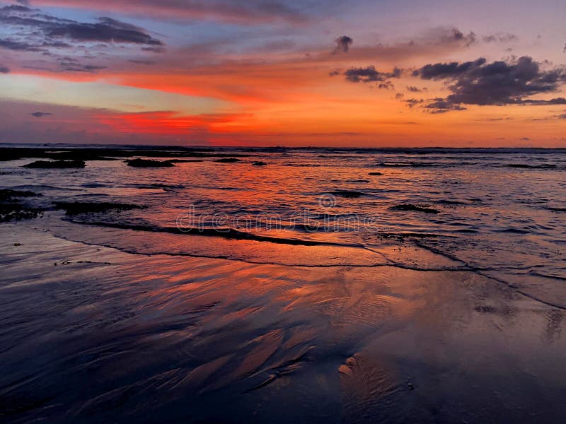 Purple Sunset Beach Paradise White Sandy Dramatic Ocean Blue Sky Cloud