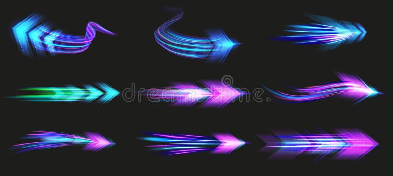 Light speed arrows. Futuristic glowing arrow streaks with high speed motion blur effect, fast pointers and dynamic direction beam stock illustration