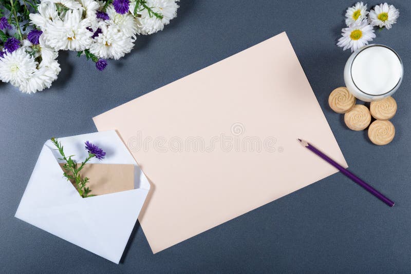 Light still life - sheet of beige paper, white and purple chrysanthemums, pencils, glass of milk and cookies on gray background. stock image Light still life - sheet of beige paper, white and purple chrysanthemums, pencils, glass of milk and cookies on gray background. stock image