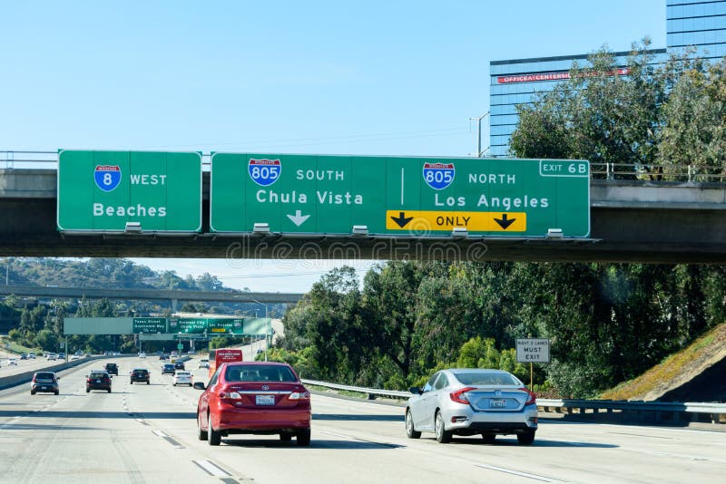 Directions To Interstate 80 Light Traffic On Westbound Highway 8. Interstate 8 And 805 Overhead Highway  Road Sign Showing Drivers The Directions To Beaches, Editorial Stock Photo  - Image Of Sign, Travel: 224452153