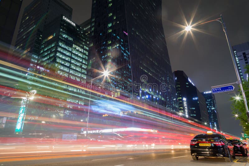 Light Trails and Buildings in Seoul at Night Editorial Photo - Image of ...