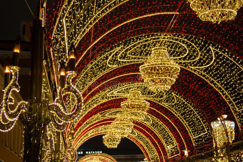 Light Tunnel with Chandeliers in Twilight. the Long Light Installation ...