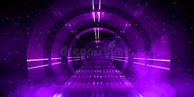 Light tunnel, dark long corridor with neon lamps. Abstract purple background with smoke and neon lights. stock photos