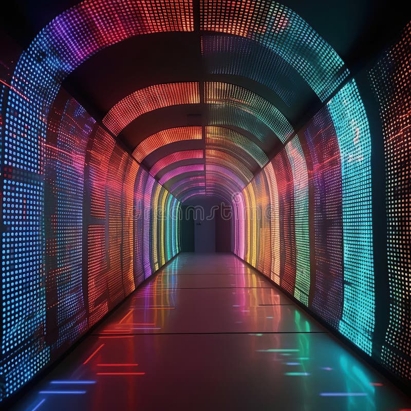 Red Corridor with Glowing Pillars, Futuristic Modern Underground Dark ...