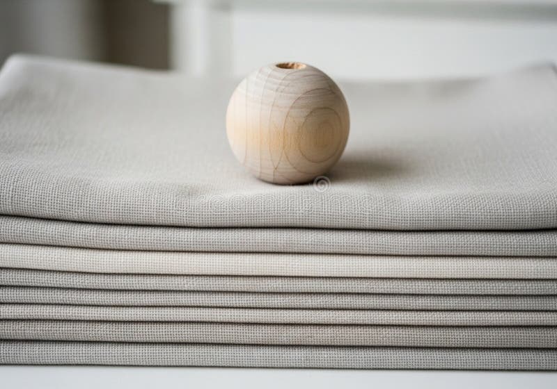 A light wooden sphere with visible grain patterns rests on top of a neatly folded stack royalty free illustration